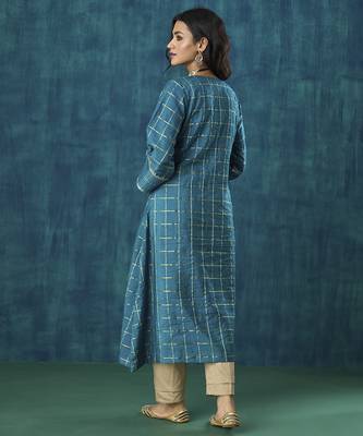 Turquoise checks cotton silk kurti 3