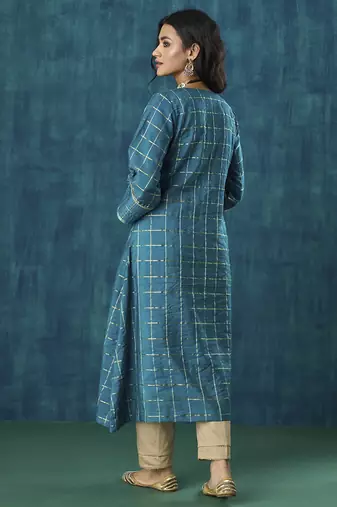 Turquoise checks cotton silk kurti
