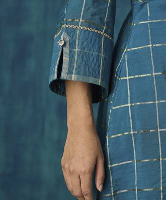 Turquoise checks cotton silk kurti 4