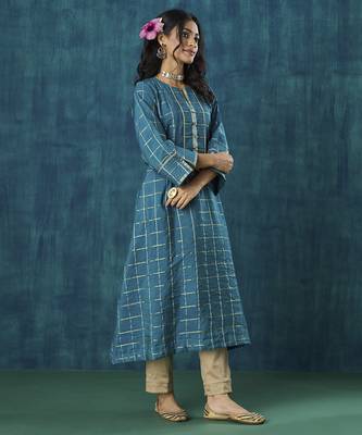 Turquoise checks cotton silk kurti 5
