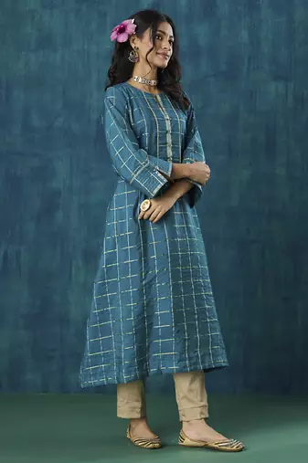 Turquoise checks cotton silk kurti