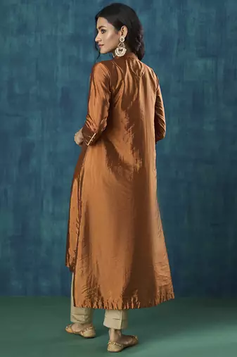 Rust habotai plain silk kurta with pant