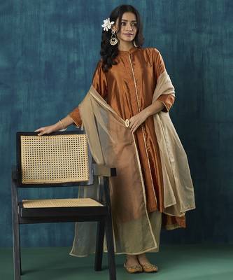 Rust habotai silk plain kurta set 1
