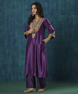 Purple embroidered chanderi silk kurti 1