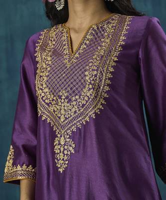 Purple embroidered chanderi silk kurti 2