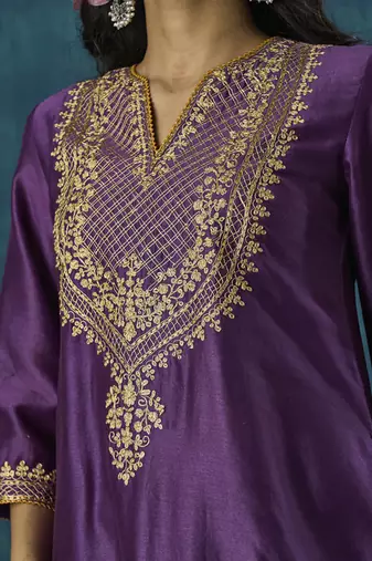 Purple embroidered chanderi silk kurti