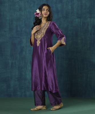 Purple embroidered chanderi silk kurti 3