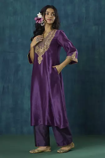 Purple embroidered chanderi silk kurti