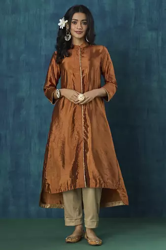Rust habotai silk plain kurta set