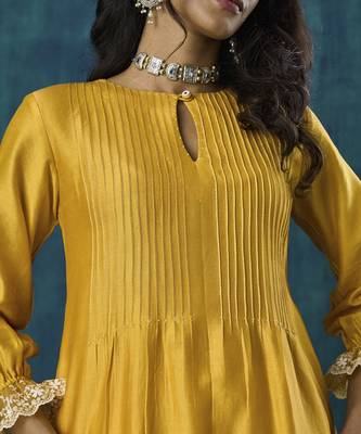 Yellow plain flowy chanderi Kurta with handmade tassels 3