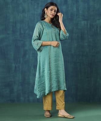 Teal stripe kurti with scallop embroidery 1