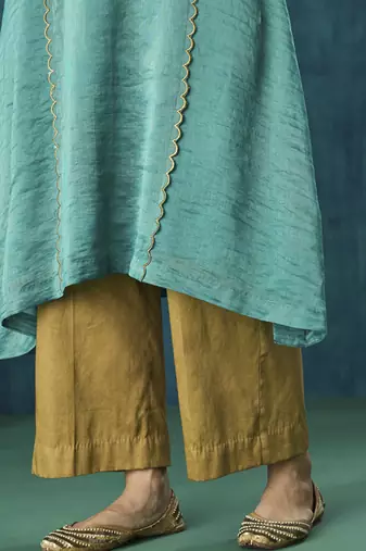 Teal stripe kurti with scallop embroidery