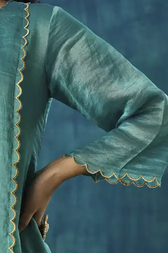 Teal stripe kurti with scallop embroidery