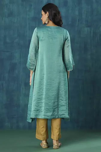 Teal stripe kurti with scallop embroidery