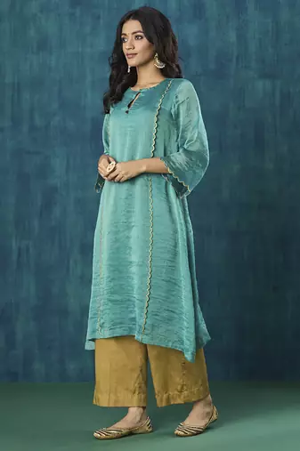 Teal stripe kurti with scallop embroidery