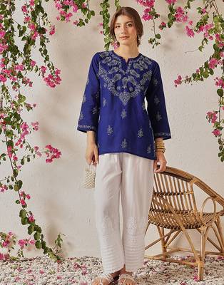 Hand Crafted Royal Blue Cotton Lucknowi Chikankari Indian Women Top 6