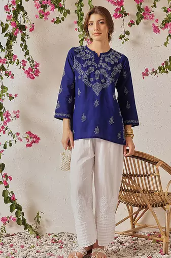 Hand Crafted Royal Blue Cotton Lucknowi Chikankari Indian Women Top