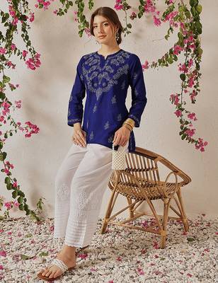 Hand Crafted Royal Blue Cotton Lucknowi Chikankari Indian Women Top 7