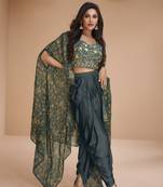 Teal green embroidery print & beads work satin silk blouse dhoti with jacket suit - full stitched suit
