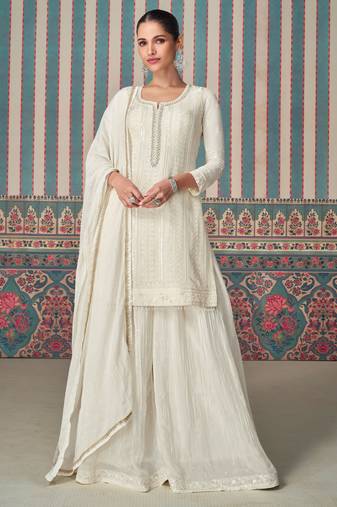 White embroidered & sequins work chinnon silk straight palazzo suit - full stitched suit