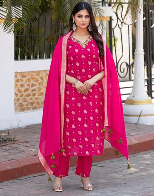 Women Cotton Jequrd Kurta With Trouser & Dupatta 1