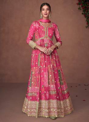 Pink embroidery & print work organza silk anarkali suit - full stitched suit 1