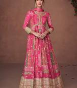 Pink embroidery & print work organza silk anarkali suit - full stitched suit