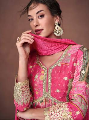 Pink embroidery & print work organza silk anarkali suit - full stitched suit 2