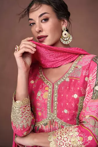 Pink embroidery & print work organza silk anarkali suit - full stitched suit