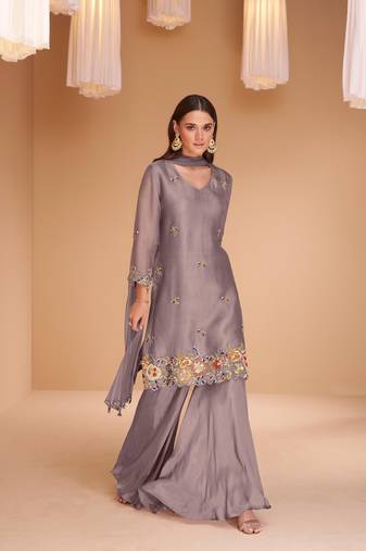 Purple handwork organza silk straight sharara suit - full stitched suit
