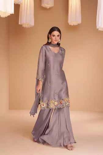Purple handwork organza silk straight sharara suit - full stitched suit