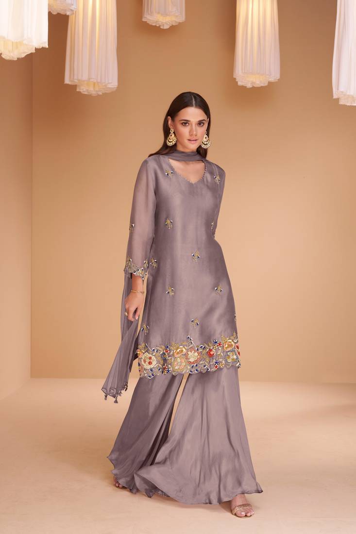 Purple handwork organza silk straight sharara suit - full stitched suit