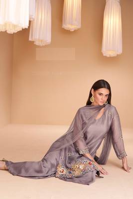 Purple handwork organza silk straight sharara suit - full stitched suit 2