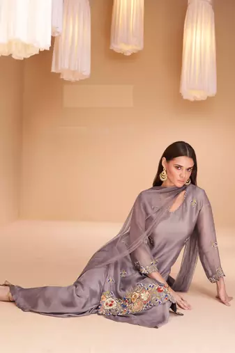Purple handwork organza silk straight sharara suit - full stitched suit
