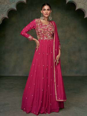Pink embroidered & sequins work art silk gown suit - full stitched suit 1