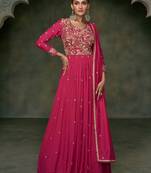 Pink embroidered & sequins work art silk gown suit - full stitched suit