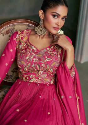 Pink embroidered & sequins work art silk gown suit - full stitched suit 2