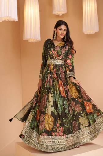 Black embroidery, print & sequins work georgette gown suit - full stitched suit