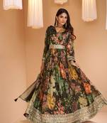 Black embroidery print & sequins work georgette gown suit - full stitched suit