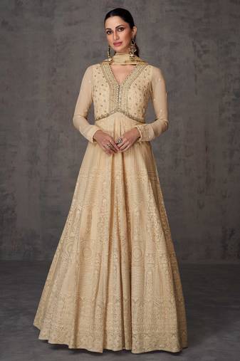Beige embroidery, mirror & sequins work georgette gown suit - full stitched suit