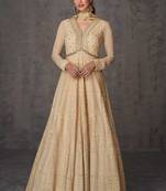 Beige embroidery mirror & sequins work georgette gown suit - full stitched suit