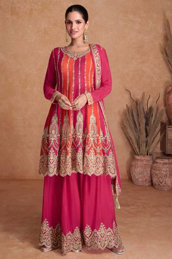 Pink Zari Embroidered Work Chinon Punjabi Salwar Suit