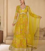 Yellow embroidery & sequins work georgette gown suit - full stitched suit