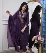 Purple Embroidered Cotton Suit Set with Dupatta