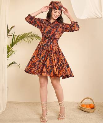Orange & Navy blue paisly print flared dress 1