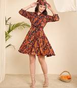 Orange & Navy blue paisly print flared dress