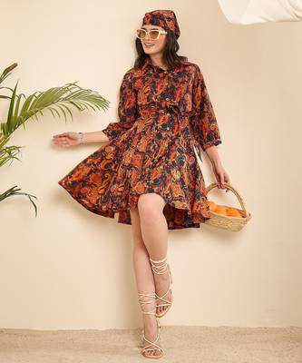 Orange & Navy blue paisly print flared dress 2