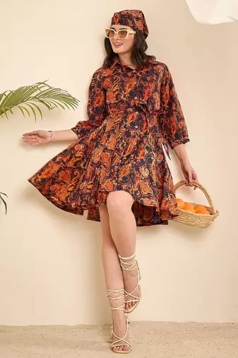 Orange & Navy blue paisly print flared dress
