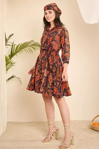 Orange & Navy blue paisly print flared dress