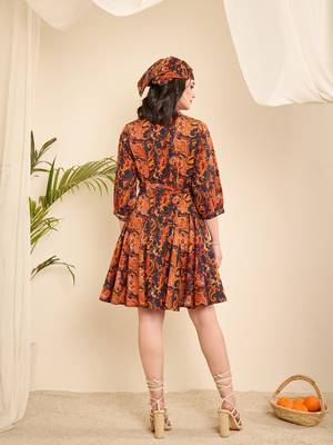 Orange & Navy blue paisly print flared dress 4